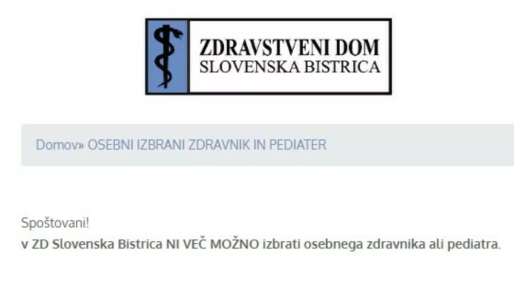 Obvestilo na spletni strani ZD Slovenska Bistrica