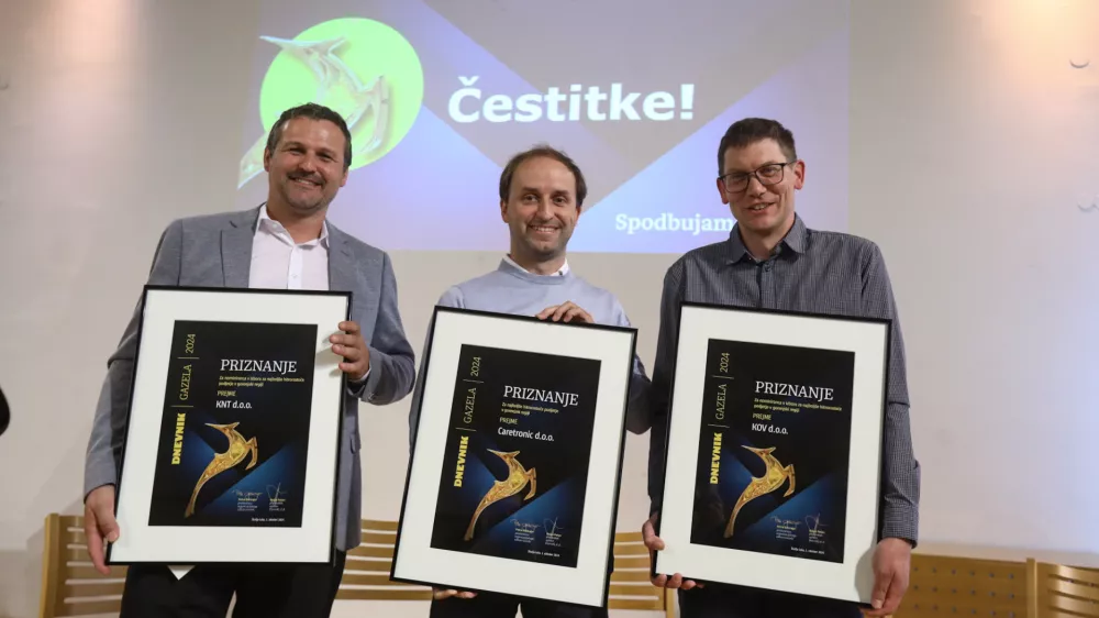 KNT Jure Kokalj, Caretronic - Andraž Krajnc, KOV - Anže Mrak1.10.2024 - 24. Slovenska GAZELA 2024 &ndash; regijski izbor najbolj&scaron;ih najhitreje rastočih podjetij &ndash; razglasitev Gazele Gorenjske regije.&nbsp;&nbsp;FOTO: Luka Cjuha