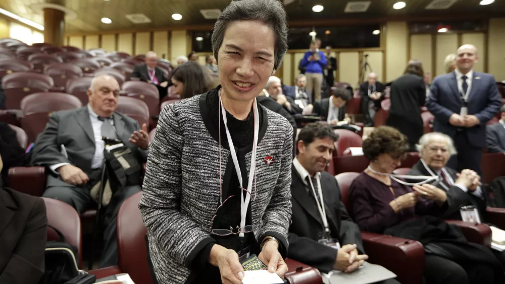 FILE - Assistant Secretary General of Nihon Hidankyo and atomic bomb survivor Masako Wada arrives to attends a conference on nuclear disarmament, at the Vatican, Friday, Nov. 10, 2017. Ninon Hidankyo has been awarded the 2024 Nobel Peace Prize. (AP Photo/Andrew Medichini, File)