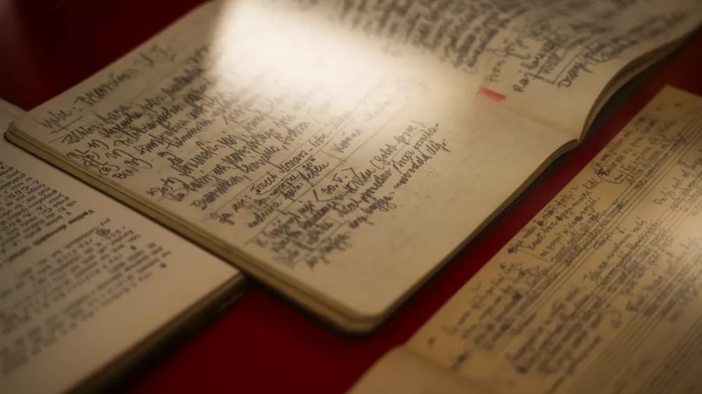 Osebni zvezek Franceta Marolta, ki ga je nosil na teren, ko je zbiral ljudsko izročilo. Vanj je zapisoval svoje vtise, pesmi, melodije in &scaron;e vse drugo, kar se mu je zdelo vredno zapisati. Pisal je s svinčnikom in v gosti, strnjeni, skoraj neberljivi pisavi. Pod vitrino si ga lahko ogledate na razstavi France Marolt in njegove zapu&scaron;čine v SEM. Foto: Nik Erik Neubauer