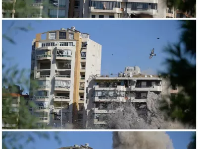 Južni Bejrut se z napadi izraelske vojske vse bolj spreminja v novo Gazo. Tako se je po raketnem napadu sesedel eden od tamkaj&scaron;njih blokov. Foto: Reuters