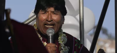 FILE - Former President Evo Morales speaks to supporters after marching to La Paz, Bolivia, to protest current President Luis Arce, Monday, Sept. 23, 2024. (AP Photo/Juan Karita, File)