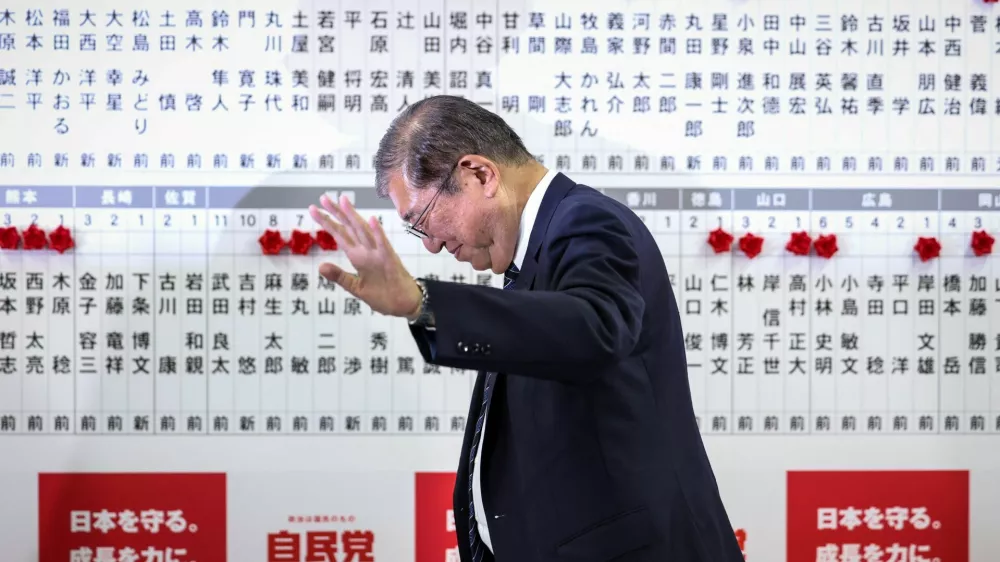 Japan's Prime Minister Shigeru Ishiba leaves after speaking to the media at the Liberal Democratic Party's (LDP) headquarters on October 27, 2024, in Tokyo, Japan. Takashi Aoyama/Pool via REUTERS