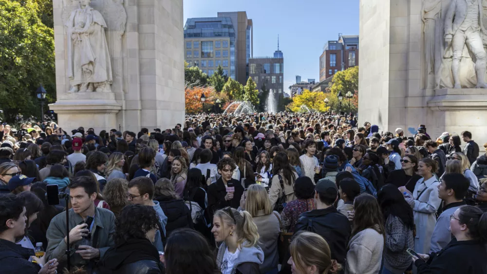 Crowds gather for the Timothee Chalamet lookalike contest in Washington Square Park, Sunday, Oct. 27, 2024, in New York. (AP Photo/Stefan Jeremiah)