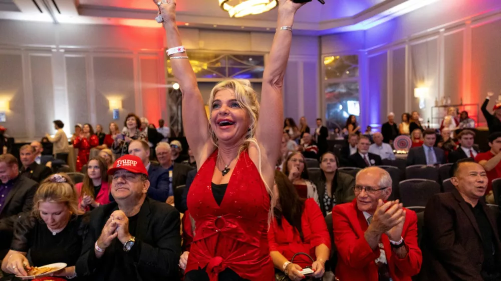 Supporters of Republican presidential nominee and former U.S. President Donald Trump react as they watch early election results at a 2024 U.S. Presidential Election Night Watch Party, in Atlanta, Georgia, U.S., November 5, 2024. REUTERS/Eloisa Lopez