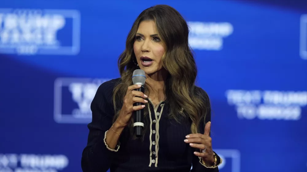 FILE - South Dakota Gov. Kristi Noem speaks before Republican presidential nominee former President Donald Trump at a campaign town hall, Oct. 14, 2024, in Oaks, Pa. (AP Photo/Matt Rourke, File)