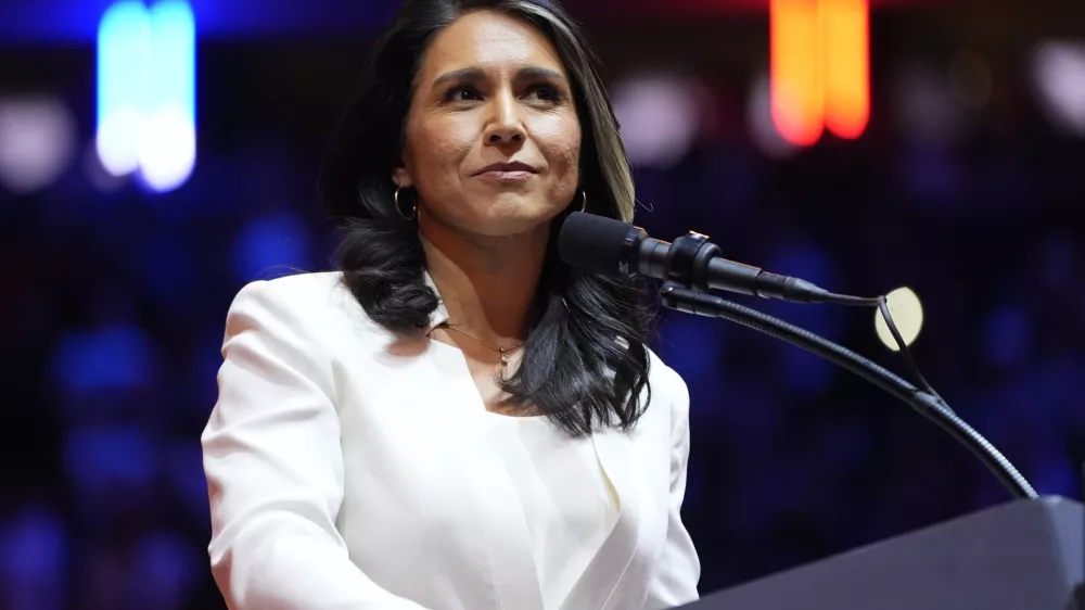 FILE - Tulsi Gabbard speaks before Republican presidential nominee former President Donald Trump at a campaign rally at Madison Square Garden, Oct. 27, 2024, in New York. (AP Photo/Alex Brandon, File)