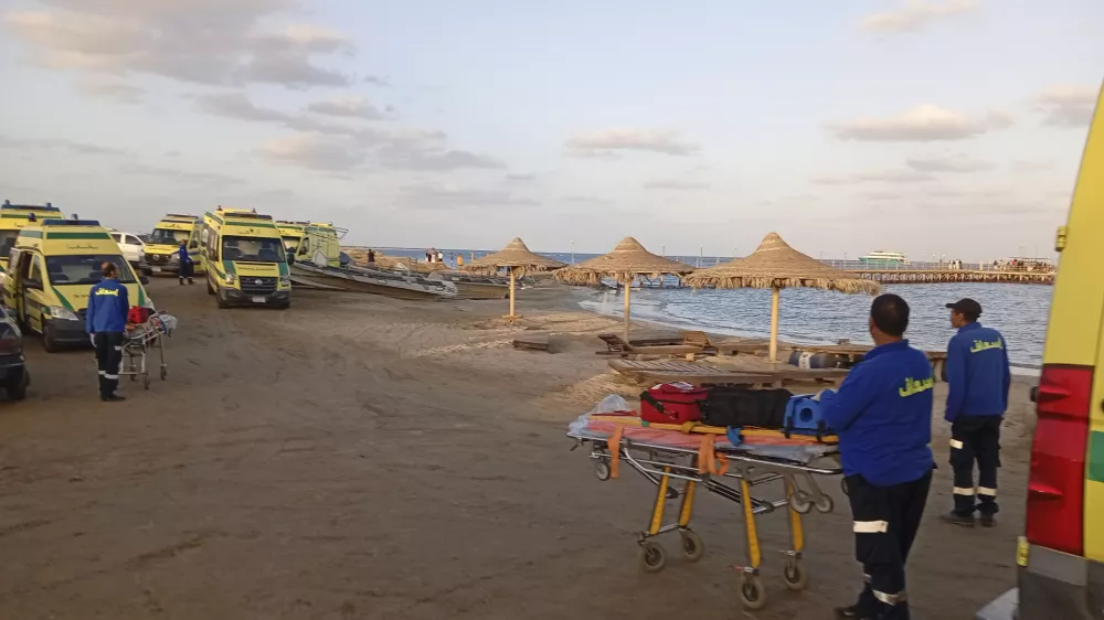 Rescuers wait on the beach of Marsa Alam, Egypt, Monday, Nov. 25, 2024 after a tourist yacht sank in the Red Sea following warnings about rough seas. (AP Photo)