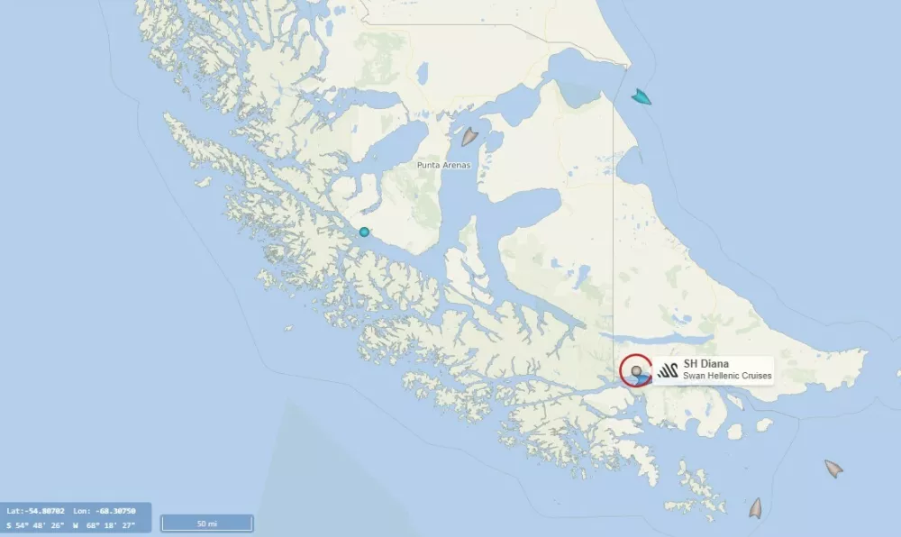 Diana v pristani&scaron;ču na Ognjeni zemlji. Vir: cruisemapper.com