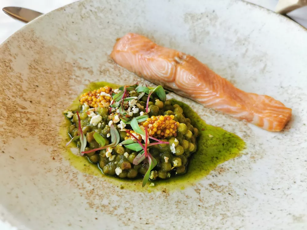Postrv in fregola s &scaron;pinačo, gorčičnimi semeni in pečeno skuto, Restavracija 1906