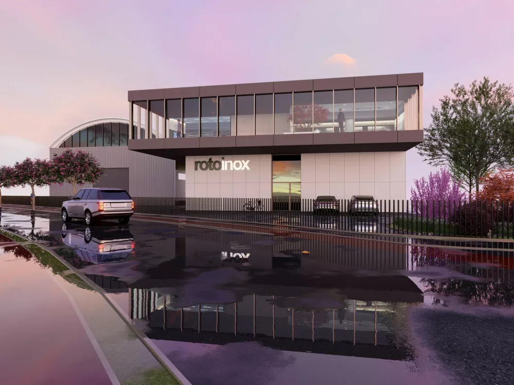 Podjetje gradi novo poslovno stavbo (na fotografiji prikaz končne podobe), načrtuje pa tudi obsežno prenovo proizvodnega obrata. F Roto Inox / Foto: Roto Inox