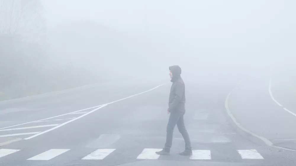 Mo&scaron;ki se sprehaja po jutranji jesenski megli. 