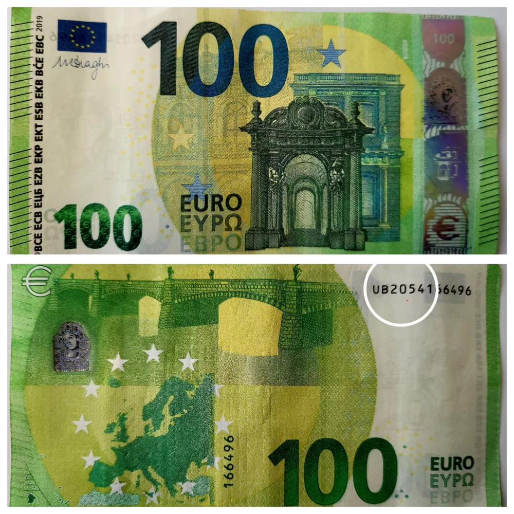 Značilnost teh bankovcev je, da je začetna &scaron;tevilka UB20541 vedno ista, spreminjajo pa se nadaljnje &scaron;tevilke. Foto: PU Kranj