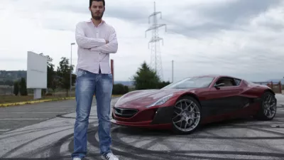 Mate Rimac owner of Rimac Automobili poses with the Concept One car in Zagreb August 31, 2012. Croatian concept car manufacturer Rimac Automobili based near Zagreb prepares to unveil a prototype of their Concept One electric supercar at the upcoming Salon Priv&eacute; car show in London in early September.The Concept One has a carbon fiber body an electric motor powering each wheel, and can produce 1,088 horse powers, capable of achieving top speed of around 305 kmh (190 mph) with a range of 600 kilometres (373 miles), making it the world's fastest electric car. Costing around  million each, only 13 of these high-end electric cars are expected to be produced per year. Picture taken August 31, 2012. REUTERS/Antonio Bronic (CROATIA - Tags: TRANSPORT BUSINESS) - RTR37CTI