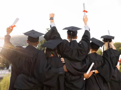 Graduation, group and back view of students celebrate education success. Behind of excited graduates at campus celebration for study goals, university award and learning motivation for happy future