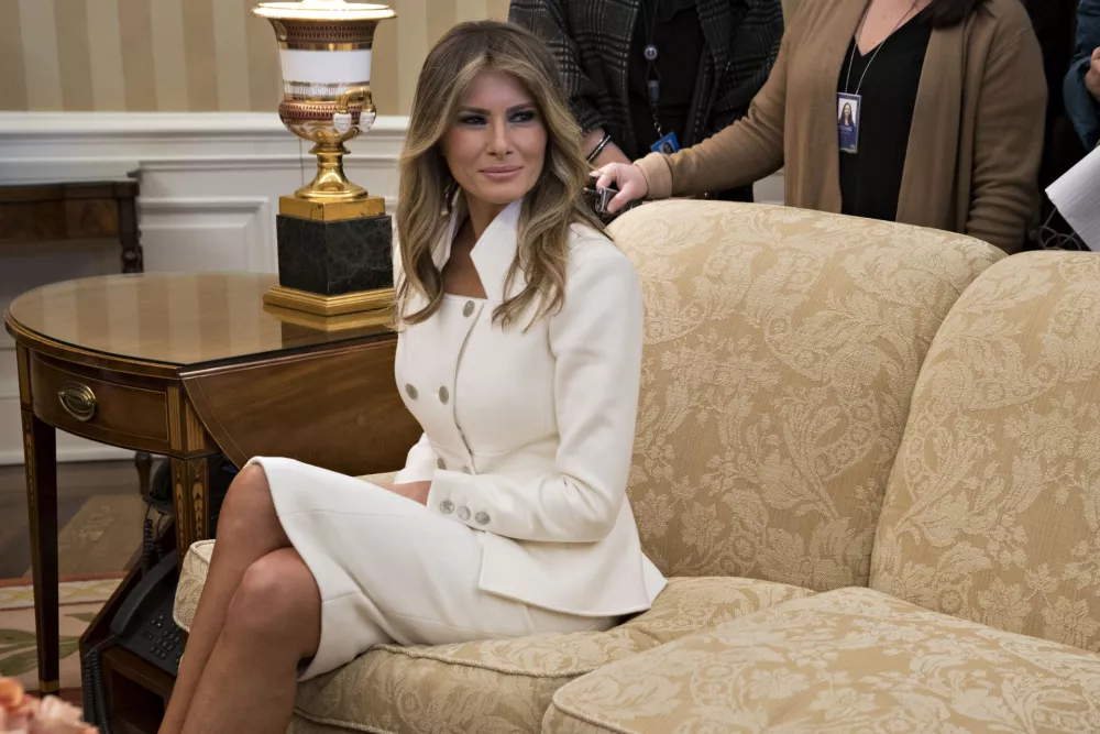 U.S. First Lady Melania Trump sits in the Oval Office of the White House during a meeting with U.S. President Donald Trump and Benjamin Netanyahu, Israel's prime minister, not pictured, in Washington, D.C., U.S., on Wednesday, Feb. 15, 2017. Netanyahu is trying to recalibrate ties with Israel's top ally after eight years of high-profile clashes with former President Barack Obama, in part over Israel's policies toward the Palestinians. Credit: Andrew Harrer / Pool via CNP - NO'WIRE'SERVICE - Photo by: Andrew Harrer/picture-alliance/dpa/AP Images