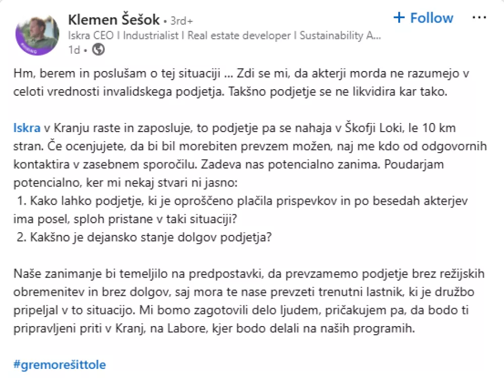 Zapis Klemna &Scaron;e&scaron;oka na omrežju LinkedIn. Vir: zajem zaslona