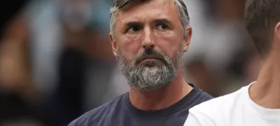 FILE- Goran Ivanisevic watches the men's singles semifinal match between Italy's Jannik Sinner and Serbia's Novak Djokovic on day twelve of the Wimbledon tennis championships in London, Friday, July 14, 2023. (AP Photo/Alberto Pezzali,File)