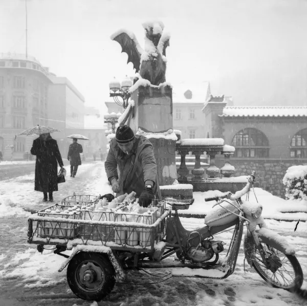 Razna&scaron;alec mleka je moral svojo nalogo opraviti tudi v neprijaznem vremenu. / Foto:&nbsp;hrani Muzej novej&scaron;e in sodobne zgodovine Slovenije