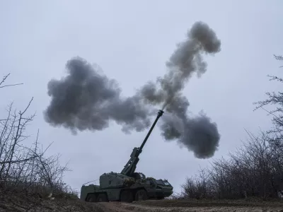 A Ukrainian self-propelled howitzer Dita of Azov brigade fires towards Russian positions at frontline in Donetsk region, Ukraine, Thursday Jan. 23, 2025. (AP Photo/Evgeniy Maloletka)