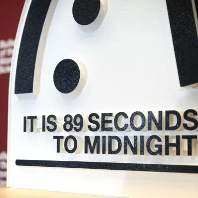 The Doomsday Clock of the Bulletin of the Atomic Scientists, set at 89 seconds to midnight, is displayed during a news conference at the United States Institute of Peace, Tuesday, Jan. 28, 2025, in Washington. (AP Photo/Mark Schiefelbein)