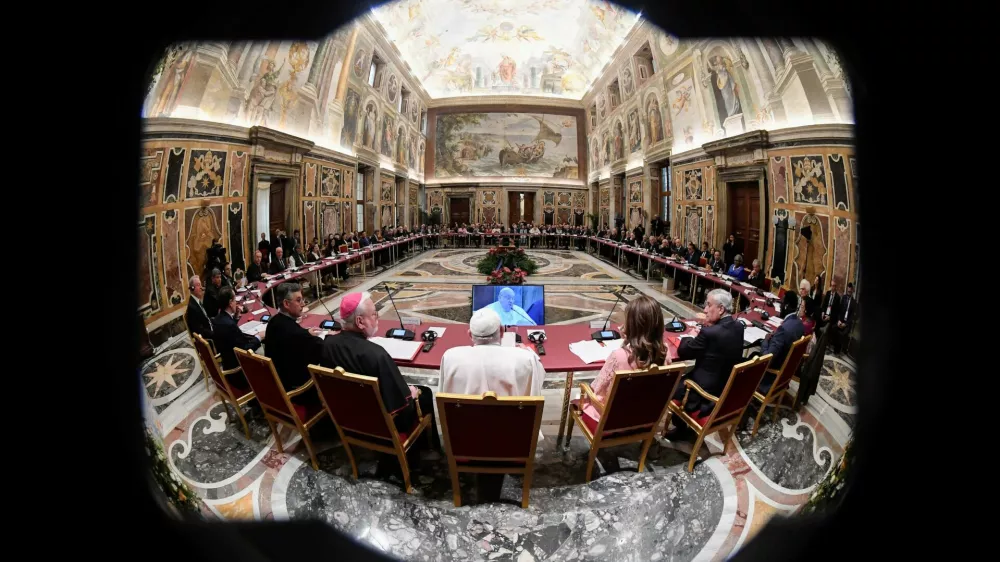Pope Francis speaks during the World Leaders Summit on children's rights at the Vatican, February 3, 2025.  Vatican Media/&shy;Handout via REUTERS  ATTENTION EDITORS - THIS IMAGE WAS PROVIDED BY A THIRD PARTY.