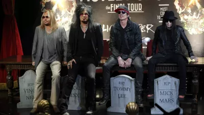 Members of rock band Motley Crue (from L-R) Vince Neil, Nikki Sixx, Tommy Lee and Mick Mars pose at a news conference announcing The Final Tour in Hollywood, California January 28, 2014. REUTERS/Mario Anzuoni (UNITED STATES - Tags: ENTERTAINMENT TPX IMAGES OF THE DAY)