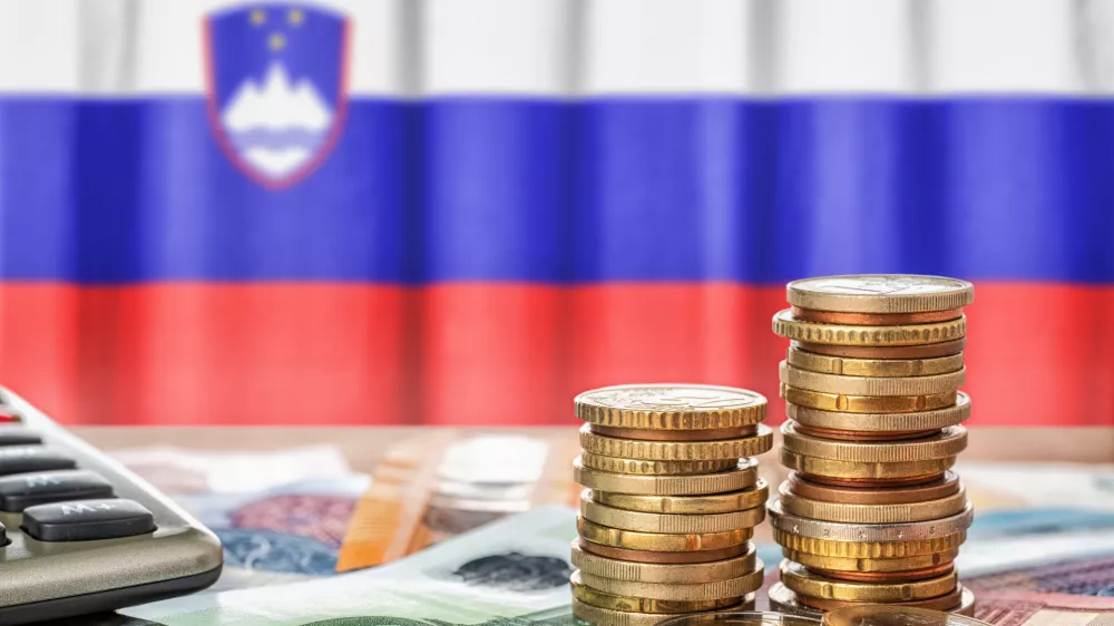 Euro banknotes and coins in front of the national flag of Slovenia / Foto: Zerbor