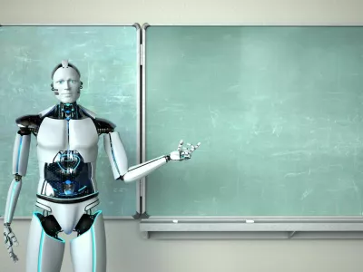 Humanoid robot in the classroom with a green chalkboard. 3d illustration. / Foto: Style-photography