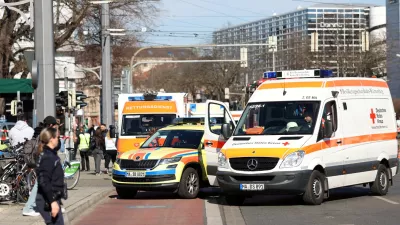 Ambulance vehicles are parked near the scene after a car drove into a crowd, in Mannheim, Germany, March 3, 2025. REUTERS/Alfio Marino