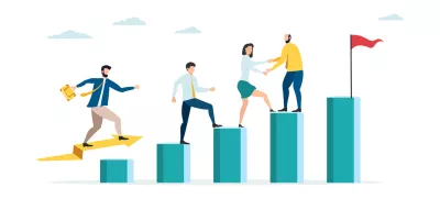 Employees giving hands and helping colleagues to walk upstairs. Team giving support, growing together. Vector illustration for teamwork, cooperation concept. / Foto: Viktor Morozuk