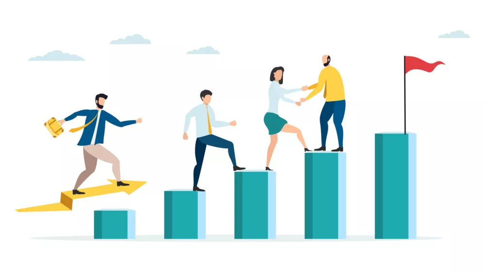 Employees giving hands and helping colleagues to walk upstairs. Team giving support, growing together. Vector illustration for teamwork, cooperation concept. / Foto: Viktor Morozuk