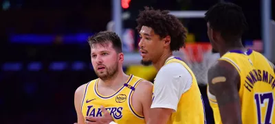 Mar 6, 2025; Los Angeles, California, USA; Los Angeles Lakers guard Luka Doncic (77) reacts after beiing issued a technical foul against the New York Knicks during the first half at Crypto.com Arena. Mandatory Credit: Gary A. Vasquez-Imagn Images