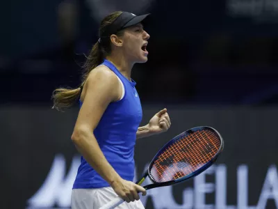 Tennis - Billie Jean King Cup Finals - Estadio de La Cartuja, Seville, Spain - November 7, 2023 Slovenia's Kaja Juvan reacts during her match against Australia's Ajla Tomljanovic REUTERS/Marcelo Del Pozo