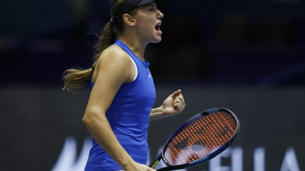 Tennis - Billie Jean King Cup Finals - Estadio de La Cartuja, Seville, Spain - November 7, 2023 Slovenia's Kaja Juvan reacts during her match against Australia's Ajla Tomljanovic REUTERS/Marcelo Del Pozo
