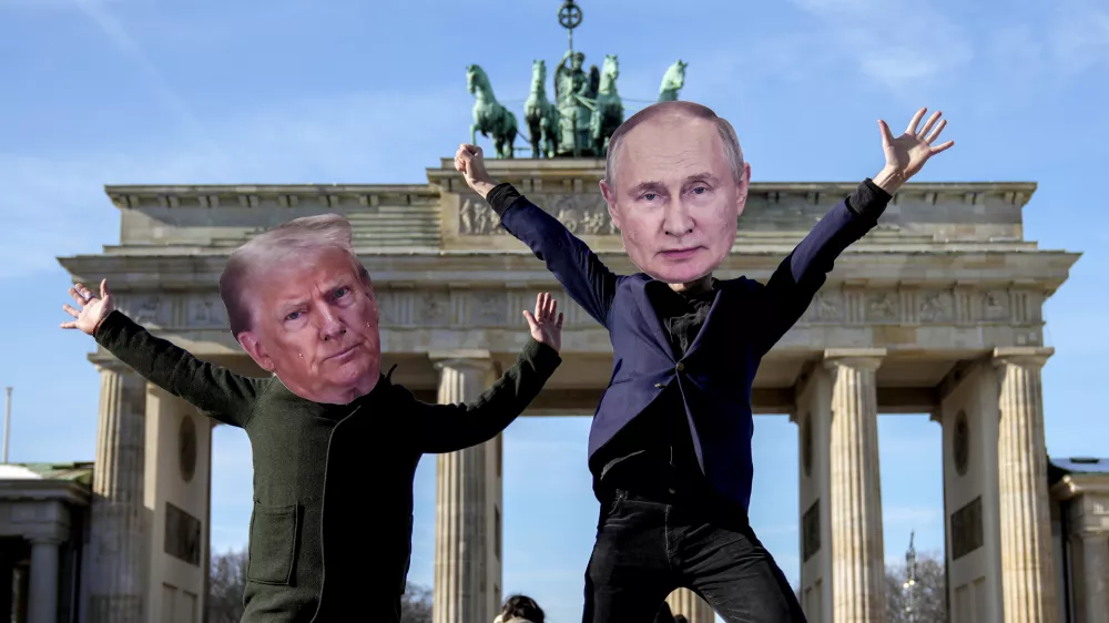From left, Activists wearing masks of US President Donald Trump, left, and Russian President Vladimir Putin, protest against the support of the US and Russia for the far-right AfD party in front of the Brandenburg Gate in Berlin, Germany, Thursday, Feb. 20, 2025. (AP Photo/Ebrahim Noroozi)