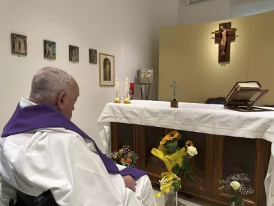 This picture released by the Vatican Press Office shows Pope Francis concelebrating a mass inside his private chapel att the Agostino Gemelli Polyclinic in Rome on Sunday, March 16, 2025. (Vatican Press Office, Via AP)