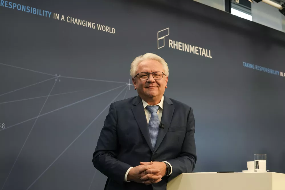 Rheinmetall CEO Armin Papperger during the annual press conference of German weapon producer Rheinmetall AG in Duesseldorf, Germany, Wednesday, March 12, 2025. (AP Photo/Martin Meissner)