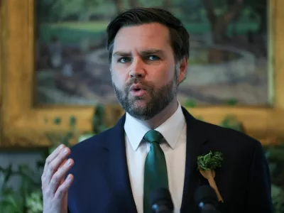 U.S. Vice President JD Vance delivers remarks during a visit by Irish Taoiseach (Prime Minister) Micheal Martin (not pictured) at the vice president's residence for breakfast, ahead of St. Patrick's Day, in Washington, D.C., U.S., March 12, 2025. REUTERS/Leah Millis