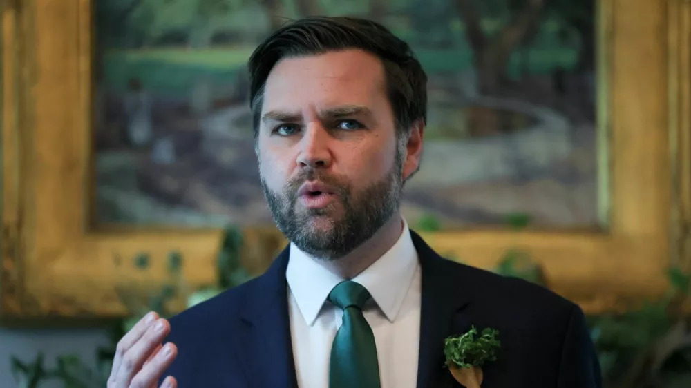 U.S. Vice President JD Vance delivers remarks during a visit by Irish Taoiseach (Prime Minister) Micheal Martin (not pictured) at the vice president's residence for breakfast, ahead of St. Patrick's Day, in Washington, D.C., U.S., March 12, 2025. REUTERS/Leah Millis