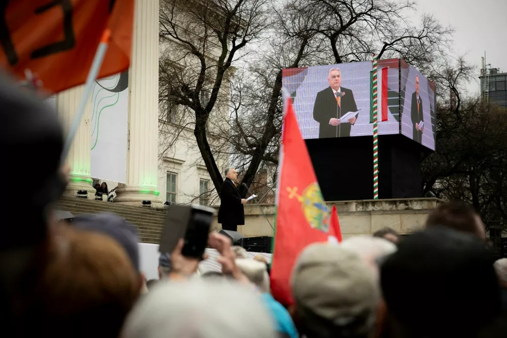 Hungarian Prime Minister Viktor Orban attends Hungary's National Day celebrations, which commemorates the 1848 Hungarian Revolution against the Habsburg monarchy, in Budapest, Hungary, March 15, 2025. MTI/Zoltan Fischer/Pool via REUTERS