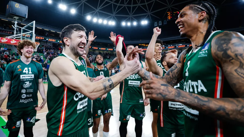 Players of Cedevita Olimpija celebrate victory at regular season basketball match of AdmiralBet ABA League 2024/2025 between Cedevita Olimpija Ljubljana (SLO) and Crvena Zvezda MeridianBet (SRB) in SRC Stozice, Ljubljana, Slovenia on March 9, 2025