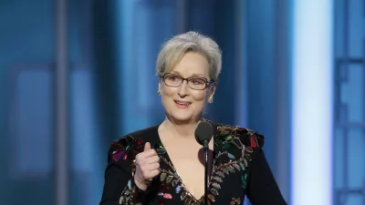This image released by NBC shows Meryl Streep accepting the Cecil B. DeMille Award at the 74th Annual Golden Globe Awards at the Beverly Hilton Hotel in Beverly Hills, Calif., on Sunday, Jan. 8, 2017. (Paul Drinkwater/NBC via AP)