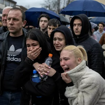 People grieve during a protest following a fire at the Pulse nightclub that resulted in dozens of deaths, in the town of Kocani, North Macedonia, March 17, 2025. REUTERS/Marko Djurica   TPX IMAGES OF THE DAY