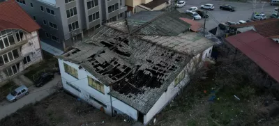 A drone view shows a night club destroyed in a fire resulting in casualties, in the town of Kocani, North Macedonia, March 16, 2025. REUTERS/Alexandros Avramidis