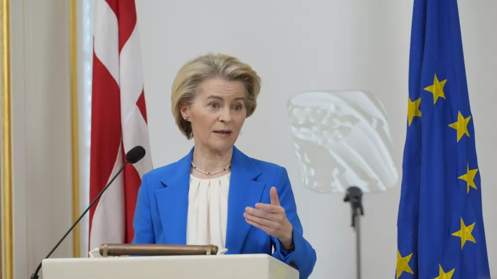 President of the European Commission Ursula von der Leyen speaks at the Army Officers' School at Frederiksberg Castle in Copenhagen, Tuesday, March 18, 2025. (Emil Helms/Ritzau Scanpix via AP)