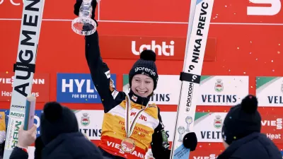 Nordic Combined - FIS Nordic Combined World Cup - Lahti, Finland - March 21, 2025 Slovenia's Nika Prevc celebrates with the Crystal Ball after winning the women's HS130 ski jumping competition Pepe Korteniemi/Lehtikuva via REUTERS ATTENTION EDITORS - THIS IMAGE WAS PROVIDED BY A THIRD PARTY. NO THIRD PARTY SALES. NOT FOR USE BY REUTERS THIRD PARTY DISTRIBUTORS. FINLAND OUT. NO COMMERCIAL OR EDITORIAL SALES IN FINLAND.