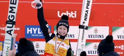 Nordic Combined - FIS Nordic Combined World Cup - Lahti, Finland - March 21, 2025 Slovenia's Nika Prevc celebrates with the Crystal Ball after winning the women's HS130 ski jumping competition Pepe Korteniemi/Lehtikuva via REUTERS ATTENTION EDITORS - THIS IMAGE WAS PROVIDED BY A THIRD PARTY. NO THIRD PARTY SALES. NOT FOR USE BY REUTERS THIRD PARTY DISTRIBUTORS. FINLAND OUT. NO COMMERCIAL OR EDITORIAL SALES IN FINLAND.