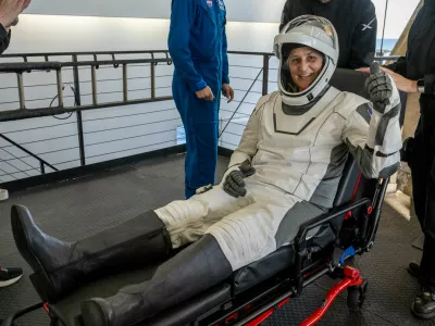 NASA astronaut Suni Williams is helped out of a SpaceX Dragon spacecraft onboard the SpaceX recovery ship MEGAN after she, NASA astronaut Nick Hague, and Butch Wilmore, and Roscosmos cosmonaut Aleksandr Gorbunov landed in the water off the coast of Tallahassee, Florida, Tuesday, March 18, 2025. NASA/Keegan Barber/ Handout via REUTERS