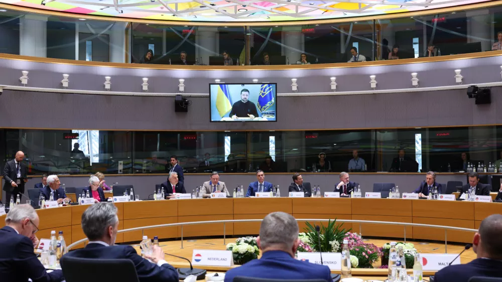 HANDOUT - 20 March 2025, Belgium, Brussels: Ukraine's President Volodymyr Zelensky speaks via a video conference during the EU summit at the European Council headquarters in Brussels. Photo: Alexandros Michailidis/EU Council/dpa - ATTENTION: editorial use only and only if the credit mentioned above is referenced in full